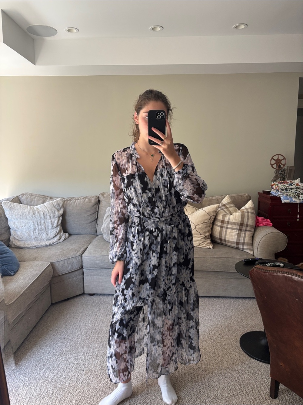 INTERMIX Black and White Sheer Floral Maxi Dress